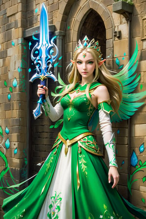 a  graffiti painting art on the wall of the castle of Princess Zelda on the wall of a castle, ,Princess Zelda (intense details, Masterpiece, best quality: 1.5), wearing intricate green dress, delicate diamond crow, ultra detailed face, ultra feminine, fair skin, exquisite beauty, gold hair, long hair, wavy hair, small pointed ears, dynamic eyes color, wearing heavy green and white armor, shinning metal, armed with elven sword, ais-graffiti, chumbasket art style, graffiti art, Wielding sword, Extremely Realistic