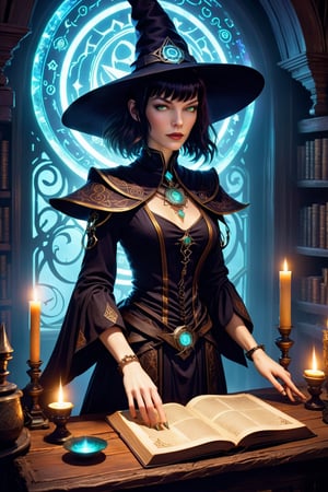 In this mesmerizing depiction, Milla Jovovich as the modern-day witch stands at the center of her cozy yet eerie lair. Soft candlelight and an otherworldly glow emanating from her cybernetic enhancements illuminate the room, where ancient tomes and mystical artifacts mingle with vintage furnishings. The witch's attire combines traditional occult garb with futuristic flair: flowing robes, a pointed hat, and a pentagram necklace complement her cybernetically enhanced arms, adorned with glowing runes and magical symbols. As she casts a spell, a holographic interface floats before her, displaying incantations, arcane symbols, and digital components. Nearby, a collection of spell ingredients - herbs, potions, and magical artifacts - awaits, some modified with cybernetic enhancements. Her familiar, perhaps a cat or raven, serves as her mystical companion, its eyes aglow with subtle cybernetic magic. The room's walls and floor are adorned with ancient symbols and glowing runes, while aetherial lighting creates an captivating interplay of light and shadow, blending the traditional with the technological.