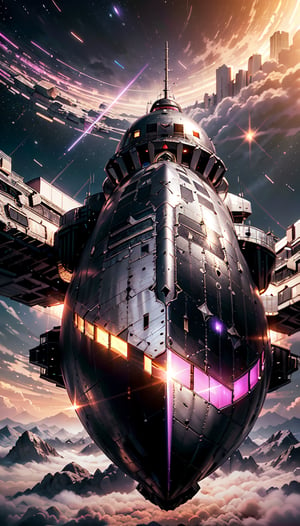 A stunning, ultra-high definition image, a zoom out perspective, reminiscent of the space cruiser Yamato a spaceship-battleship hybrid cruising through space, encased in a dazzling transparent purple plate armor that shimmers like moonlit metal. The spacecraft's calm, neon-lit bay windows radiate serenity as it hovers on a violet-hued alien planet at dawn, bathed in cold sunlight. Metallic dust beneath its bow glitters, while guns stretch forward, inviting viewers into this dreamlike world. A parchment-like background features futuristic architectural details adding depth and texture, set against a vast, star-filled alien sky and a cityscape pulsating with vivid pink hues.,F-22