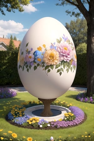 there is a huge painted egg in the middle of a flower bed, by senior artist, by Maksimilijan Vanka, he has a big egg, ornate egg, easter, humpty dumpty in form of egg, incredible masterpiece