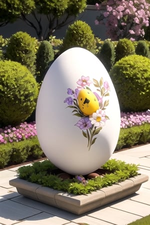 there is a huge painted egg in the middle of a flower bed, he has a big egg, ornate egg, easter, humpty dumpty in form of egg, incredible masterpiece