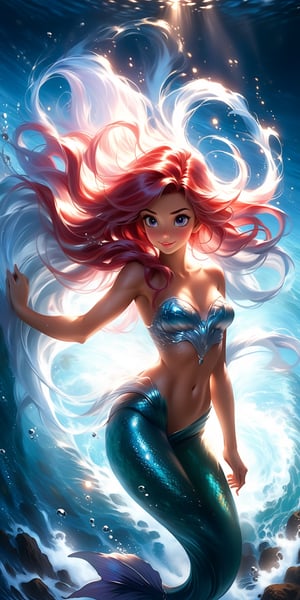 Airbrushing (Beautiful mystical allure) long swirling hair, smart, environment, Using airbrushing for art, often for smooth gradients, spray effects, or automotive art, 1 girl, anime, ariel, mermaid, bare stomach