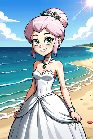 the_owl_house, (amity_blight:2), 1 girl, short lavender hair, wedding dress, white vail, smile, beach, (solo:3)