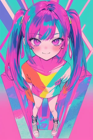 1girl, female lowteen, look down, smug, step on viewer, blush, head and shoulders, flat color BREAK (vaporwave), a statuesque Picaroto woman with prisms in her eyes, geometric gradients background BREAK colorful, dream-like,