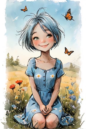 sitting in an open meadow, wild flowers and butterflies all around, happy, short light blue hair, cute summer dress, her little black and white cat sits beside her