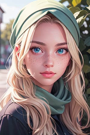 1girl, solo, long hair, looking at viewer, freckles, blue eyes, portrait, realistic, green silk headscarf around face, blond_hair