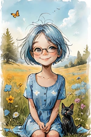 sitting in an open meadow, wild flowers and butterflies all around, happy, short light blue hair, cute summer dress, her little black and white cat sits beside her, glasses