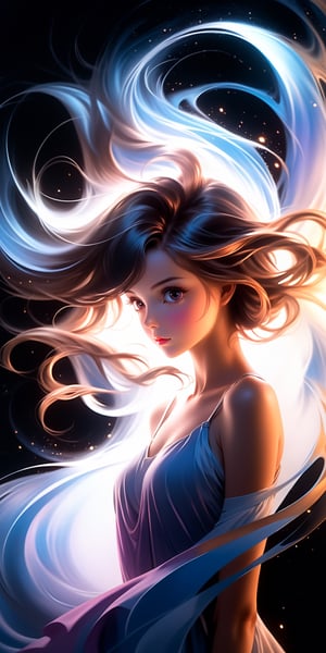 Airbrushing (Beautiful mystical allure) long swirling hair, smart, environment, Using airbrushing for art, often for smooth gradients, spray effects, or automotive art, 1 girl, anime, sandra