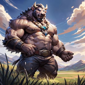 (anthro, furry), (a bison standing in the middle of an immense grass field, looking small and insignificant, merely visible, horizon, all alone, long distance shot, panoramic view), 
(cheerful facial expression), 
(by adios, by null-ghost, by wuedti, by lindong, by Niku-18), 
(hi res, best quality, high quality, full color)