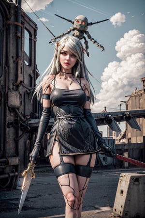highly detailed, high quality, masterpiece, beautiful, (American plane), 1girl, alone, Nier Automata A2, big breasts, big thighs, white hair, red eyes, angel wings, small transparent dress, large neckline, spear in the left hand, in the sky, detailed background, clouds,SpreAss