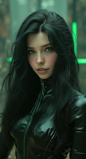 (ultra realistic,best quality),photorealistic,Extremely Realistic, in depth, cinematic light,mecha\, Green eyes, black long hair. black_liquid_dress. ruins tech, spaceship. cinematic, particles, ethereal glow, atmosphere, volumetric lighting. sharp eyes, particle effects, perfect hands, perfect lighting, vibrant colors, intricate details, high detailed skin, intricate background, realism, realistic, raw, analog, taken by Canon EOS,SIGMA Art Lens 35mm F1.4,ISO 200 Shutter Speed 2000,Vivid picture,