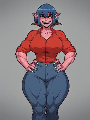 woman, pink skin, short silky blue hair, standing hair, big yellow eyes, sharp fangs, pointed ears, smile, sharp claws, snake coke, muscular, psychopath, big breasts, big hips, big ass, big thighs, red shirt , sleeves rolled up, blue pants, graden feet