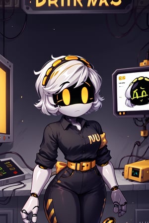 robot woman , white short hair , yellow screen , robot tail , black shirt , rolled up sleeves , yellow belt , black pants , genos , insinuate