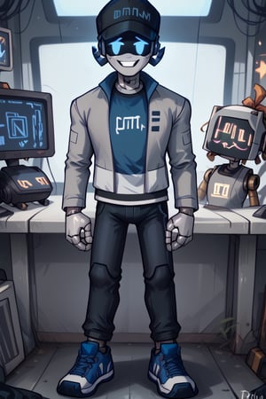 robot man , blue screen , black cap , blue shirt , grey jacket , black pants , giant techno fists , blue sneakers , smiling