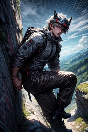 Highly detailed, masterpiece, high quality, beautiful, high resolution, original, 8k high definition 1man anime style image of a 20 year old boy, climbing a mountain, wearing black and white climbing equipment, a male face and a White helmet. with some strands of roado hair escaping from the helmet, on a mountain made of earth and stone with vegetation growing on it, the view is from above, highly detailed face, handsome face, sexy guy, look with concern, gray cloudy day in the first It's even raining, with some mud, the character sees the viewer,