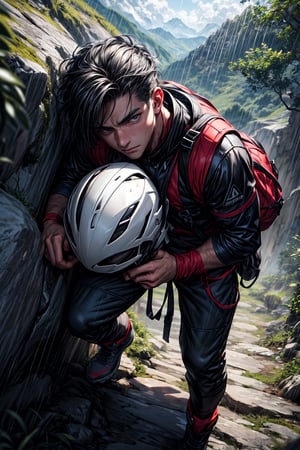 Highly detailed, masterpiece, high quality, beautiful, high resolution, original, 8k high definition 1 man anime style image of a 20 year old boy, climbing a mountain, wearing climbing equipment black and white, one face male and a white helmet. with some strands of roado hair escaping from the helmet, on a mountain made of dirt and stone with vegetation growing on it, the view is from above, very detailed face, handsome face, sexy guy, look with concern, gray cloudy day in the First, it is even raining, with some mud, the character sees the viewer, the character is holding on to a stone, at his feet a precipice, look of terror, torrential rain