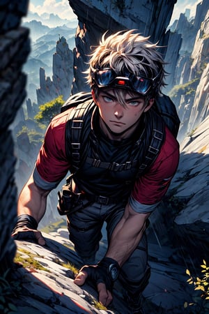 Highly detailed, masterpiece, high quality, beautiful, high resolution, original, 8k high definition 1man anime style image of a 20 year old boy, climbing a mountain, wearing black and white climbing equipment, a male face and a White helmet. with some strands of roado hair escaping from the helmet, on a mountain made of earth and stone with vegetation growing on it, the view is from above, highly detailed face, handsome face, sexy guy, look with concern, gray cloudy day in the first It's even raining, with some mud, the character sees the viewer,