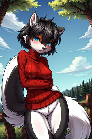 Highly detailed, illustration, animation, 2d, best quality, 4k, masterpiece: 1.2, high resolution, ultra detailed, detailed, classic beauty, beautiful perfect eyes, furry, detailed illustration, furry drawing, (medium shot) young skunk girl, black and white fur, black forelock, black hair around eyes, medium breasts, wears glasses, red sweater with turtleneck, wears no pants. has a funny attitude, is in a funny pose, facing the viewer, is leaning against a fence, next to her is a young and strong wolf, who hugs her, in the background you can see the coniferous forest.