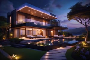 ultra Transparent 8k hd A realistic beautiful evening night,close up,evening, dark background, a beautiful place in agarhta, wide landscape, realistiic view, trees, garden, 3story floor moderm homes archectect design 2024, ocean, flowers,
8k photograph, photoreal details, heaven fantasy, with a sky brown_light_black color. 