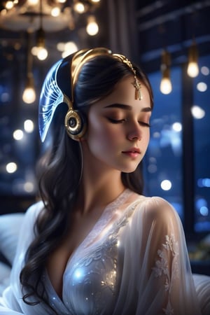 ultra Transparent 8k hd A realistic beautiful evening night, 21yo very cute girl from agartha a gooddess face british beauty sleeping on huge elegant bed wearing golden headset,closed eyes,realistic face, detailed face,long perfect hair, hair bangs, big breast, long shot, the elegant elegant white glowing dress, midnight, dark night, dark background, low lights, lamps,
8k photograph, photoreal details, heaven fantasy, with a sky brown_light_black color. 