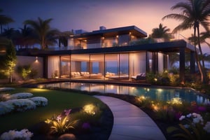 ultra Transparent 8k hd A realistic beautiful evening night,close up,evening, dark background, a beautiful place in agarhta, wide landscape, realistiic view, trees, garden, 3story floor moderm homes archectect design 2024, ocean, flowers,
8k photograph, photoreal details, heaven fantasy, with a sky brown_light_black color. 