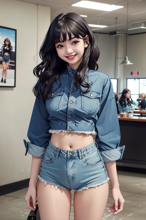 An image of a woman with voluminous wavy hair, standing confidently and smiling at the camera. She is wearing a light denim jacket with rolled sleeves, a black crop top, and high-waisted denim shorts. Her right hand rests on her hip, and her left arm is relaxed at her side. The setting is simple, with soft lighting that highlights her friendly demeanor and casual style.