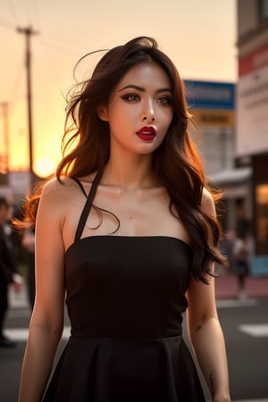  Hyuna_V1,, (realistic), (hyperrealism), (photorealistic:1.4), 1girl, looking at the viewer, eye makeup, detailed eyes, detailed face, (upper body:1.2), detailed background, black dress, walking at the streets, sunset, (windy:1.2)