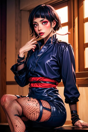 nar_kurenai_yuhi,forehead protector,bandages,sarashi,red eyes,makeup,lipstick,ninja,lipstick,fishnets,sitting,