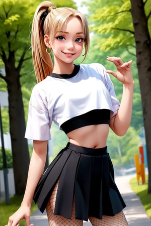 (masterpiece, best quality:1.2), solo, 1girl, yamanaka ino, smile, looking at viewer, hair over one eye, ponytail, hairclip, crop top, skirt, fishnets, earrings, midriff, forest ,yamanaka ino,clothing_inner_view