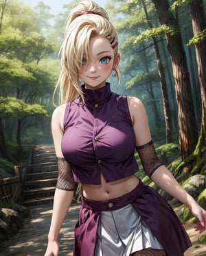 (best quality), masterpiece, 1 anime girl - ino yamanaka, konoha headband, hair over one eye, ponytail, hairclip, crop top, sleeveless, skirt, fishnets, earrings, miriff, cowboy shot view, light smile, old japanese forest, Yamanaka Ino, (8K wallpaper),(beautiful detailed eyes), beautiful, amazing, detailed eyes, (detailed skin)