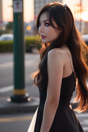  Hyuna_V1,, (realistic), (hyperrealism), (photorealistic:1.4), 1girl, looking at the viewer, eye makeup, detailed eyes, detailed face, (upper body:1.2), detailed background, black dress, walking at the streets, sunset, (windy:1.2)