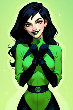 taylor swift ,score_9, score_8_up, score_7_up, score_6_up, score_5_up, score_4_up  shego, black gloves, black hair, bodysuit, smile, green bodysuit, green eyes, green theme, long hair,  portrait, solo,     zPDXL 