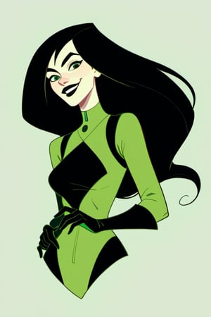 score_9, score_8_up, score_7_up, score_6_up, score_5_up, score_4_up  shego, black gloves, black hair, bodysuit, smile, green bodysuit, green eyes, green theme, long hair,  portrait, solo,     zPDXL 