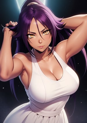  1girl, Yoruichi_Bleach, yellow eyes, ((Yoruichi Shihouin)), curvy_figure, white dress, perfect eyes, masterpiece, best quality, 4K, HDR, cinematiclighting,Yoruichi_Bleach,photorealistic,