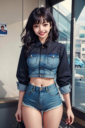 An image of a woman with voluminous wavy hair, standing confidently and smiling at the camera. She is wearing a light denim jacket with rolled sleeves, a black crop top, and high-waisted denim shorts. Her right hand rests on her hip, and her left arm is relaxed at her side. The setting is simple, with soft lighting that highlights her friendly demeanor and casual style.