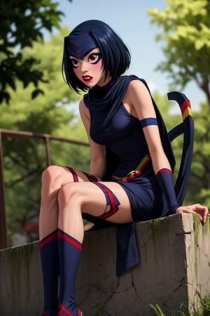 nar_kurenai_yuhi,forehead protector,bandages,sarashi,red eyes,makeup,lipstick,ninja,lipstick,fishnets,sitting,