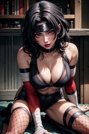 nar_kurenai_yuhi,forehead protector,bandages,sarashi,red eyes,makeup,lipstick,ninja,lipstick,fishnets,sitting,