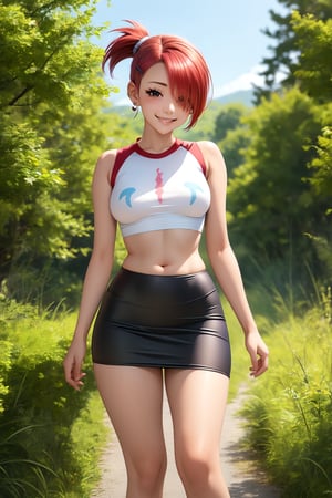 (masterpiece, best quality:1.2), solo, 1girl, yamanaka ino, smile, looking at viewer, hair over one eye, ponytail, hairclip, crop top, skirt, fishnets, earrings, midriff, forest ,yamanaka ino,clothing_inner_view