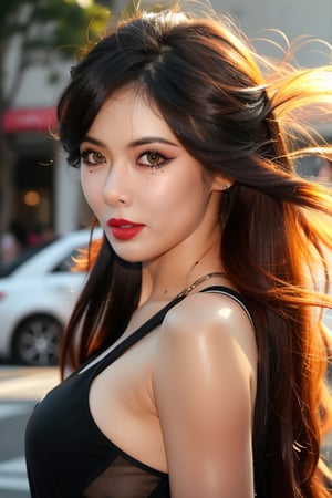  Hyuna_V1,, (realistic), (hyperrealism), (photorealistic:1.4), 1girl, looking at the viewer, eye makeup, detailed eyes, detailed face, (upper body:1.2), detailed background, black dress, walking at the streets, sunset, (windy:1.2)