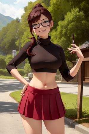 (masterpiece, best quality:1.2), solo, 1girl, yamanaka ino, smile, looking at viewer, hair over one eye, ponytail, hairclip, crop top, skirt, fishnets, earrings, midriff, forest ,yamanaka ino,clothing_inner_view