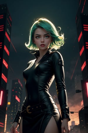 A masterpiece of a cyberpunk scene at midnight. A stunning Asian girl stands in the city's dark streets, her long hair a vibrant green that seems to glow under the neon lights. Her face is a work of art, with detailed features and eyes that shine like emeralds. She wears a dark green dress with high collar and long sleeves, her crossed arms and folded pose exuding an air of seductiveness. The wind blows through her hair as she stands, her open mouth inviting the viewer in. The cityscape behind her is a blur of lights and shadows, with splashes of green lightning illuminating the scene. Bokeh effect adds depth to the image, with a shallow depth of field highlighting our subject's alluring pose. VFX elements include wind particles and electric sparks that dance around her, setting the tone for a synthwave-inspired DJ theme.