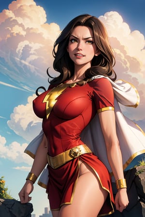 masterpiece, best quality,   mary marvel, white cape, red dress, red skirt, short sleeves, bracer, large breasts, flex, looking at viewer, furrowed brow, grin, blue sky, clouds