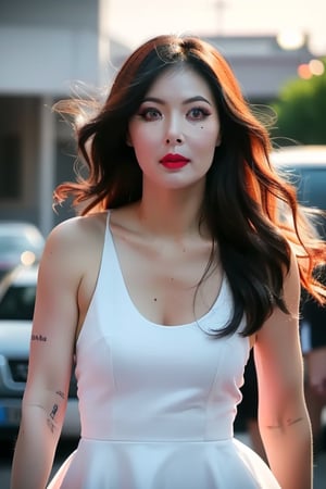  Hyuna_V1,, (realistic), (hyperrealism), (photorealistic:1.4), 1girl, looking at the viewer, eye makeup, detailed eyes, detailed face, (upper body:1.2), detailed background, black dress, walking at the streets, sunset, (windy:1.2)