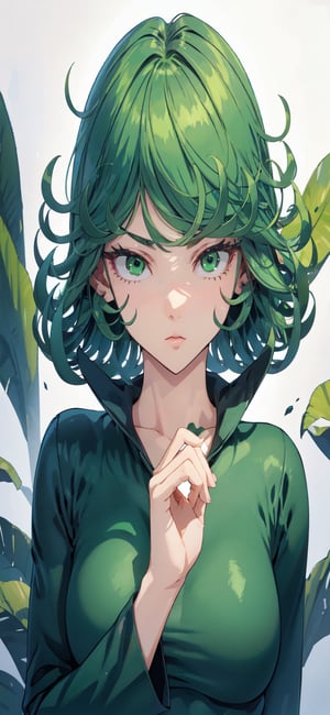 Tatsumaki , white background, perfect, hand, fingers, 1 sexy and hot woman,ideal woman, Tatsumaki, High detailed, Detailed face , Green clothes, Green eyes, Green hairs