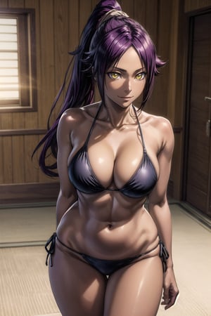 masterpiece, best quality, highres, collarbone, , indoors, cowboy shot, standing, smile, string bikini, black_string_bikini, arms behind back, curvy_figure , yoruichi shihouin, long hair, yellow eyes, ponytail, purple hair, ,dark-skinned female