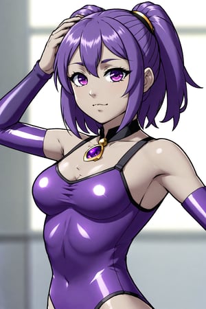 score_9, score_8_up, score_7_up, score_6_up, score_5_up, score_4_up, BREAK, source_anime,ravendc, 1girl, solo,grey skin, forehead jewel, purple hair,leotard