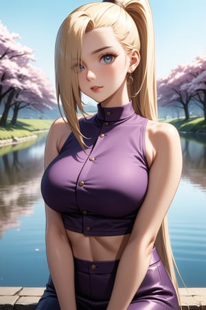 (masterpiece), best quality, expressive eyes, perfect face, perfect body, ultra detailed image, ultra high quality, cinematic lighting, beautiful healthy eyes, mature woman, solo, detailed hair, blond_hair, glass shining eyes, hair over one eye, ponytail, hairclip, blue eyes, purple crop top, sleeveless, purple skirt, fishnets, earrings, midriff,yamanaka ino, outside, cherry_blossoms, lake, smile, cute girl 