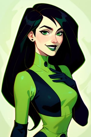 score_9, score_8_up, score_7_up, score_6_up, score_5_up, score_4_up  shego, black gloves, black hair, bodysuit, smile, green bodysuit, green eyes, green theme, long hair,  portrait, solo,     zPDXL 