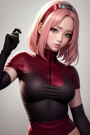 (masterpiece),
1girl, 
haruno sakura, 
floating hair, 
upper body shot,
HDR, highly detailed, 32k,
black background, 
((sexy mood)),
perfect face feature,
sexy red shirt,
konoha head band,
black_glove