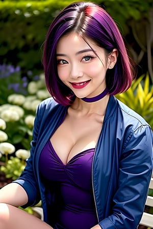 (best quality, ultra detailed), ((full-face blush)), (detailed background:1.2), (perfect face, detailed face), looking at viewer, (mature female:1.4), smile jirou_kyouka, short hair, blunt bangs, purple hair, shirt, navel, choker, collarbone, jacket, purple eyes, medium breasts(garden, outdoors, sitting )  